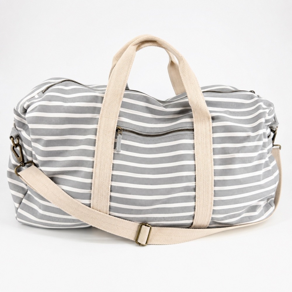 Known Supply Gray White Stripe Canvas Weekender Duffel Travel Bag Fair Trade
